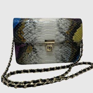 Women’s Python Embossed Crossbody Shoulder Bag w/ Chain Strap | Snake Print Flap